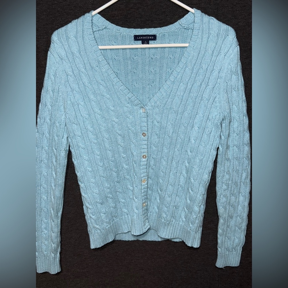 Lands’ End Light Blue Cable Knit Cardigan
– Size Small